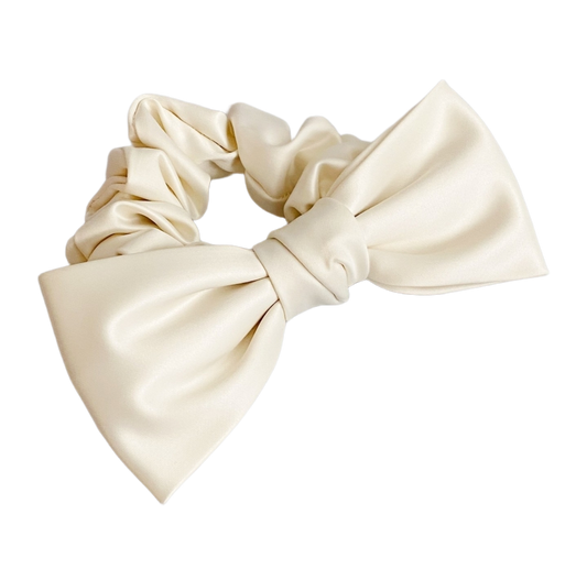 Ivory Satin Bow Scrunchie - Pink Love Monet