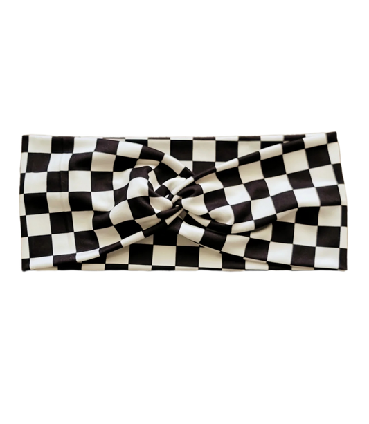 Black and White Checkered Twist Headband - Pink Love Monet