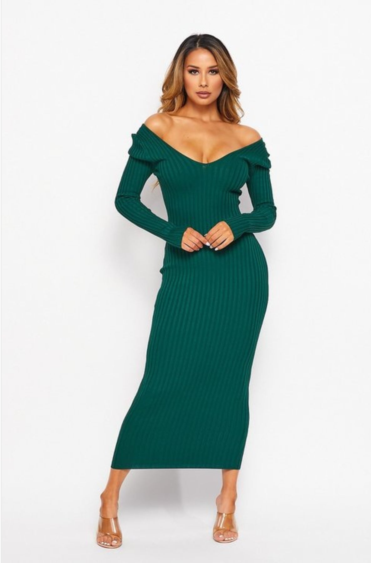 Hunter Green Long Sleeve Rib Knit Midi Dress For Women