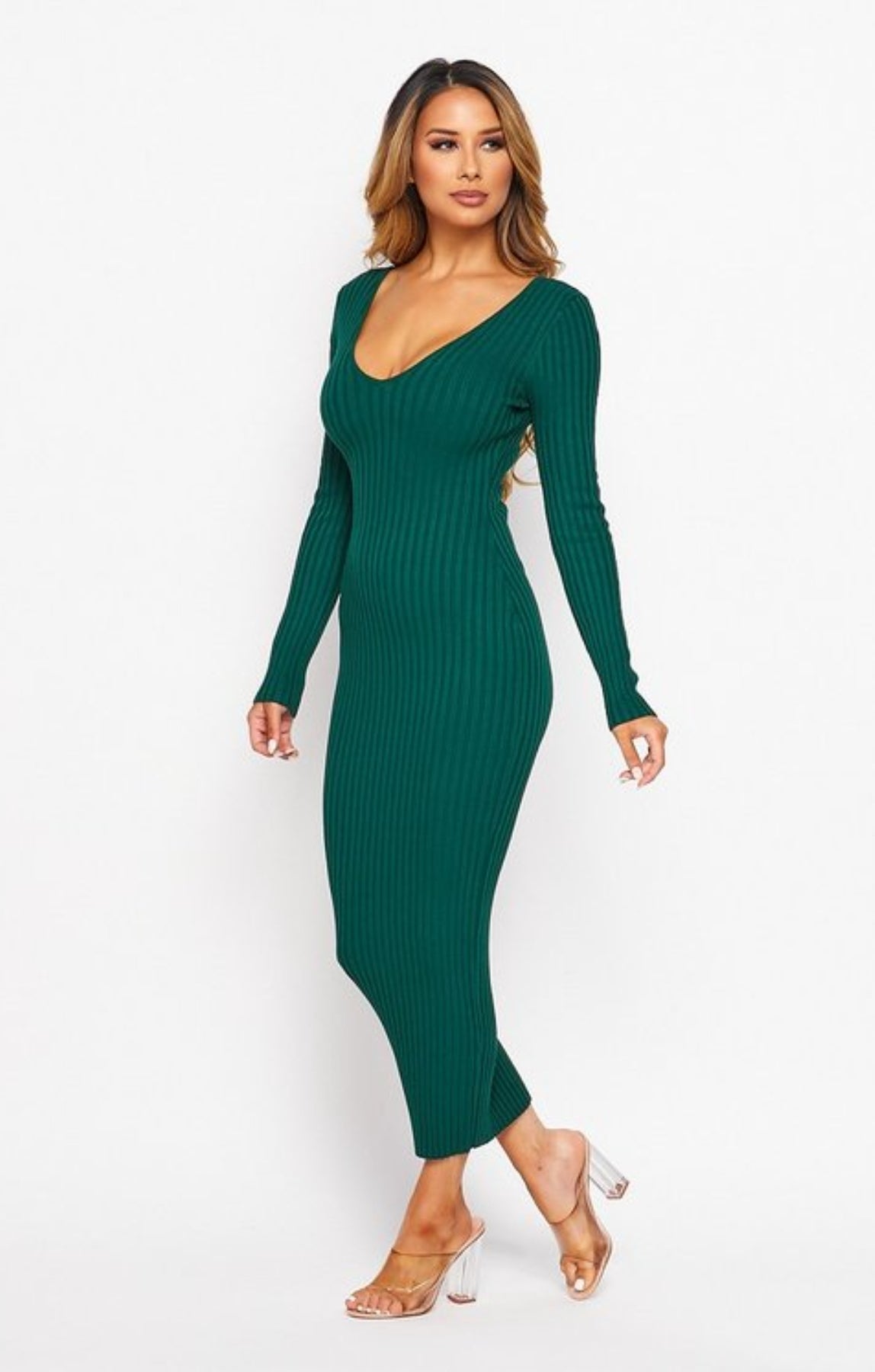 Abella V-Neck Rib Knit Dress - Hunter Green - Ladies - Pink Love Monet