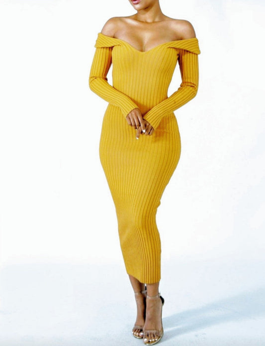 Mustard Long Sleeve Rib Knit Midi Dress For Women