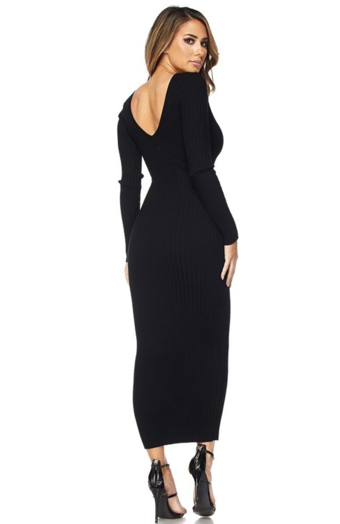 Abella V-Neck Rib Knit Midi Dress - Black - Pink Love Monet