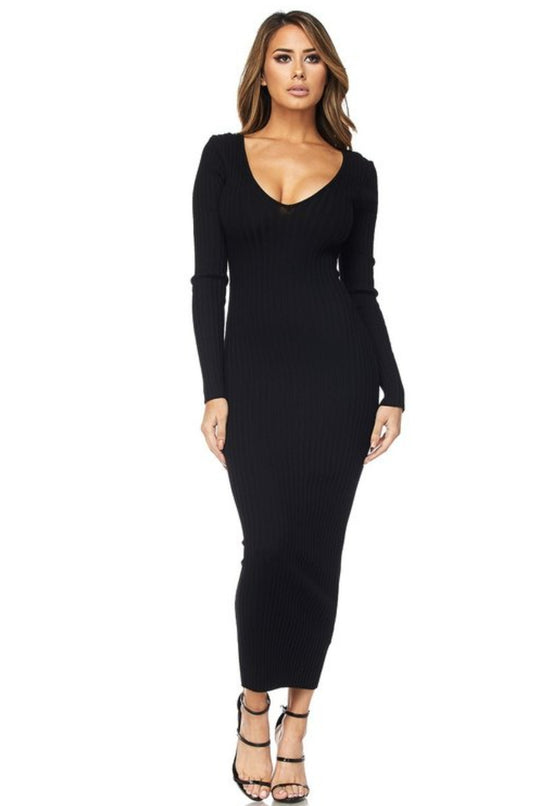 Black  Long Sleeve Rib Knit Midi Dress For Women