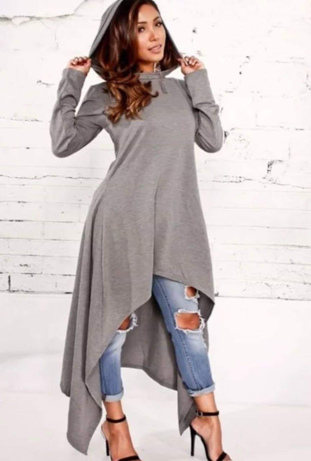 Asymetric Hoodie Top - Grey - Pink Love Monet