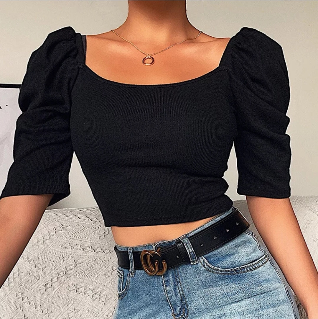 Angel Puff Sleeve Crop Top In Black - Pink Love Monet