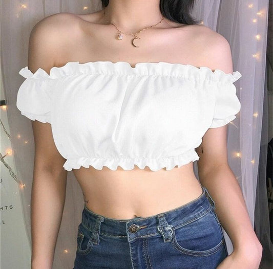 Julie Off The Shoulder Ruffle Crop Top In White - Pink Love Monet